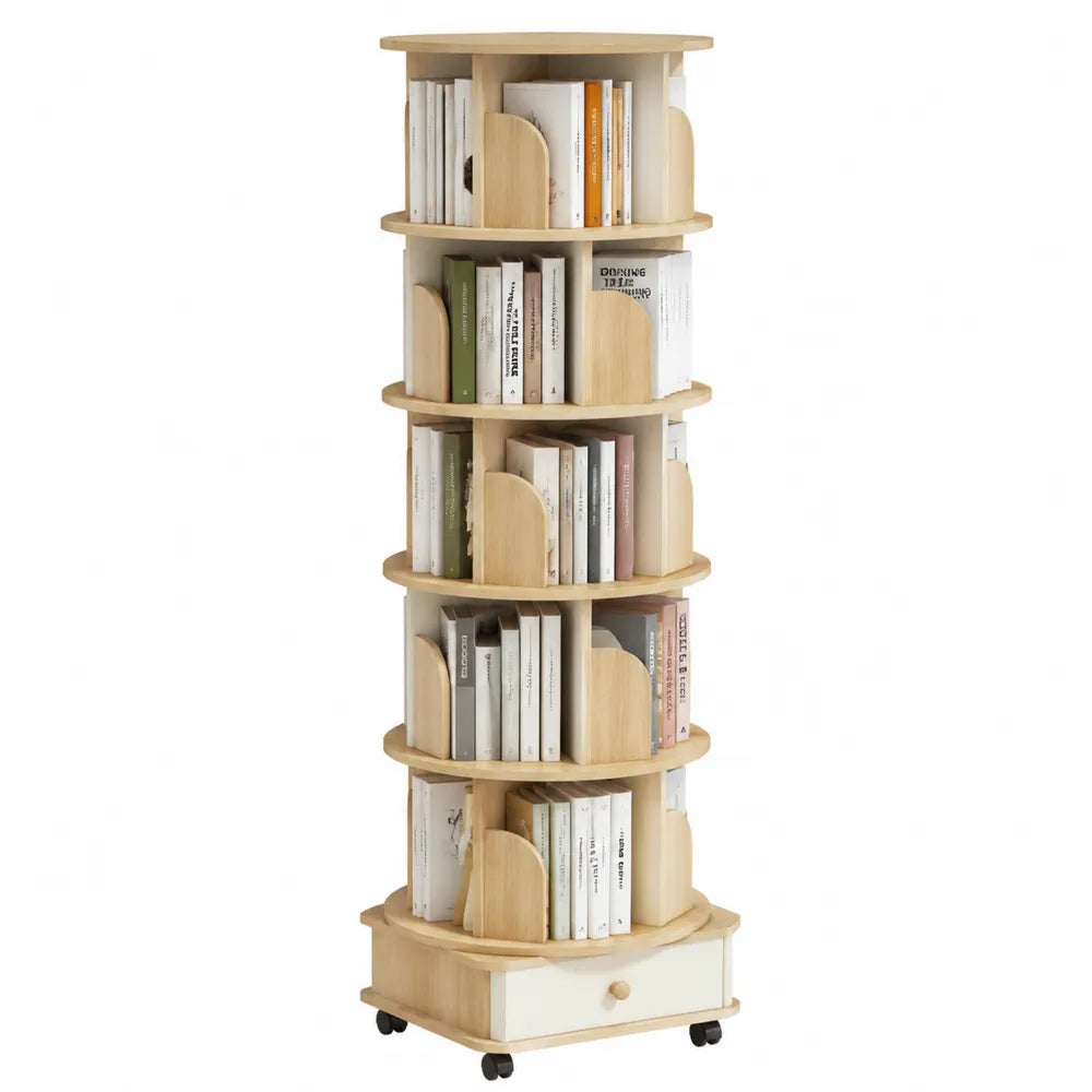 Scaffale girevole in legno chiaro con ruote e cassetto, altezza 160 cm
