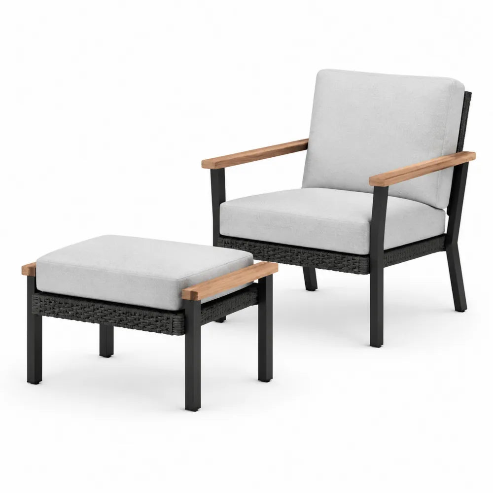 Set Sedia e Poggiapiedi da Esterno in Alluminio e Teak con Cuscini Grigi