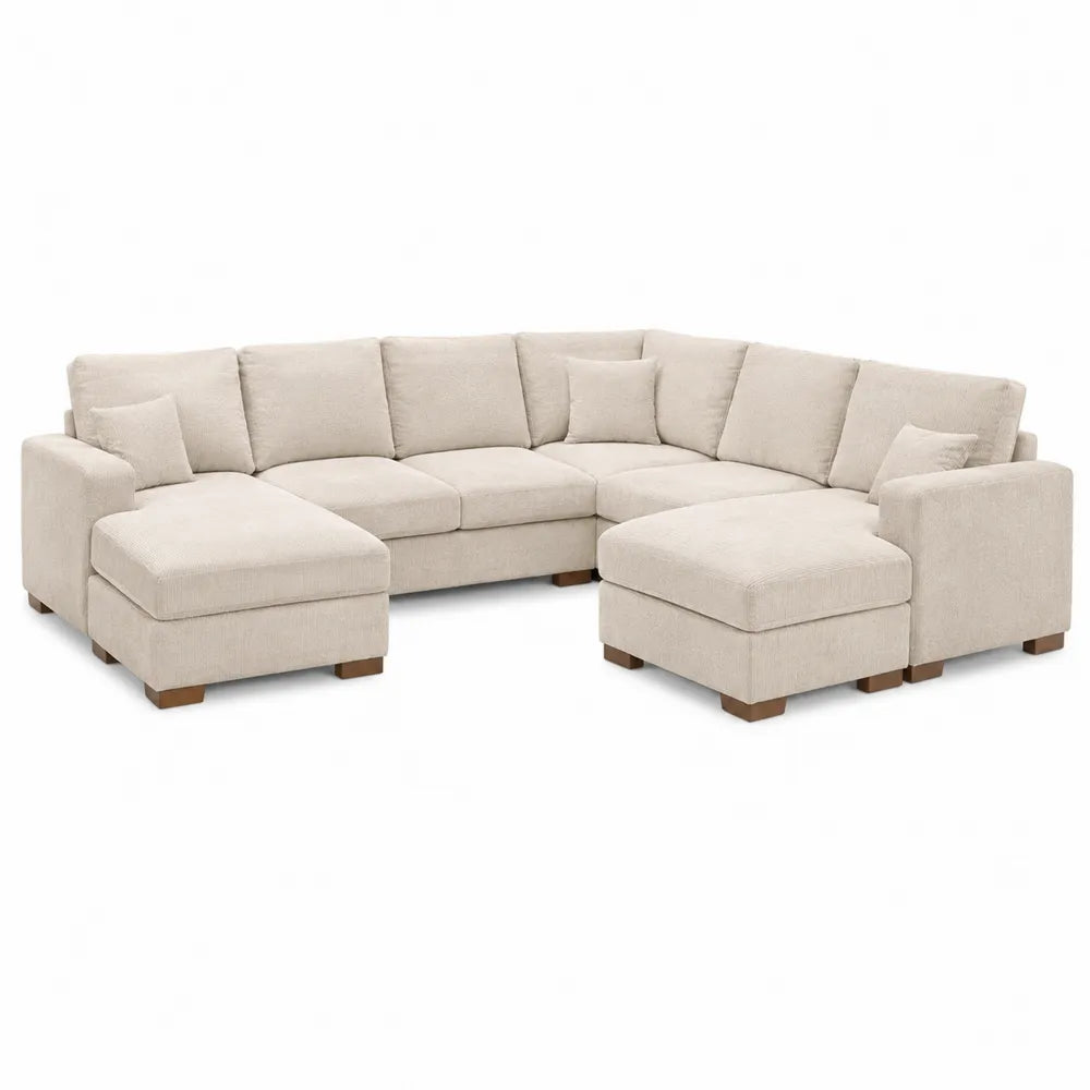 Divano ad angolo in tessuto beige con struttura in legno massello