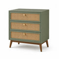 Cassettiera a 3 cassetti in legno MDF verde con frontali in rattan