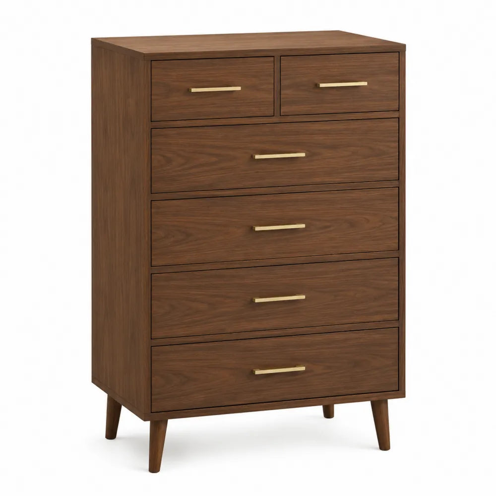 Cassettiera alta 6 cassetti in legno noce con maniglie in metallo dorato, 120x80x45 cm