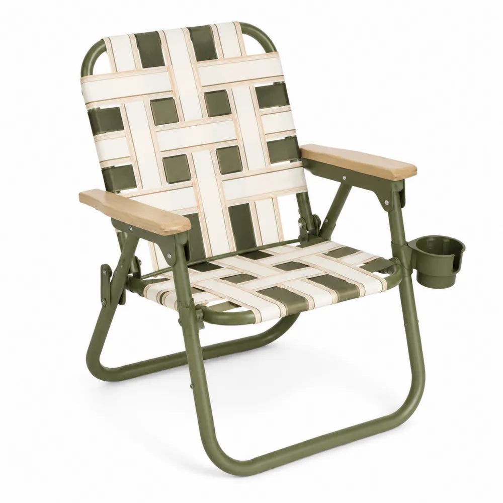Sedia pieghevole da esterno con portabicchieri in tessuto bianco e verde con struttura in metallo