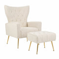 Set Poltrona con Pouf in Tessuto Bouclé Beige e Gambe in Metallo Dorato