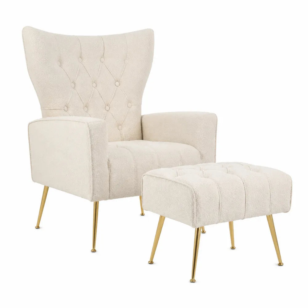 Set Poltrona con Pouf in Tessuto Bouclé Beige e Gambe in Metallo Dorato
