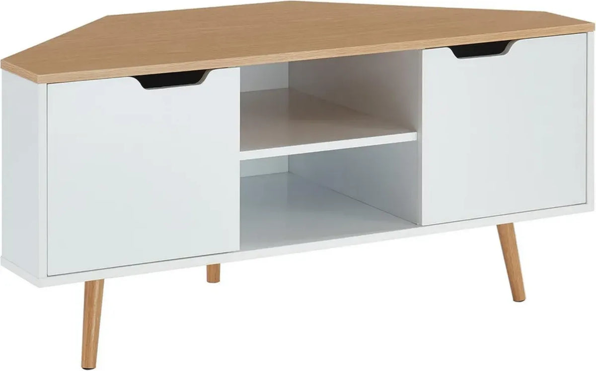 Mobiletto angolare per TV industriale, bianco e rovere, 115x55x53,5 cm