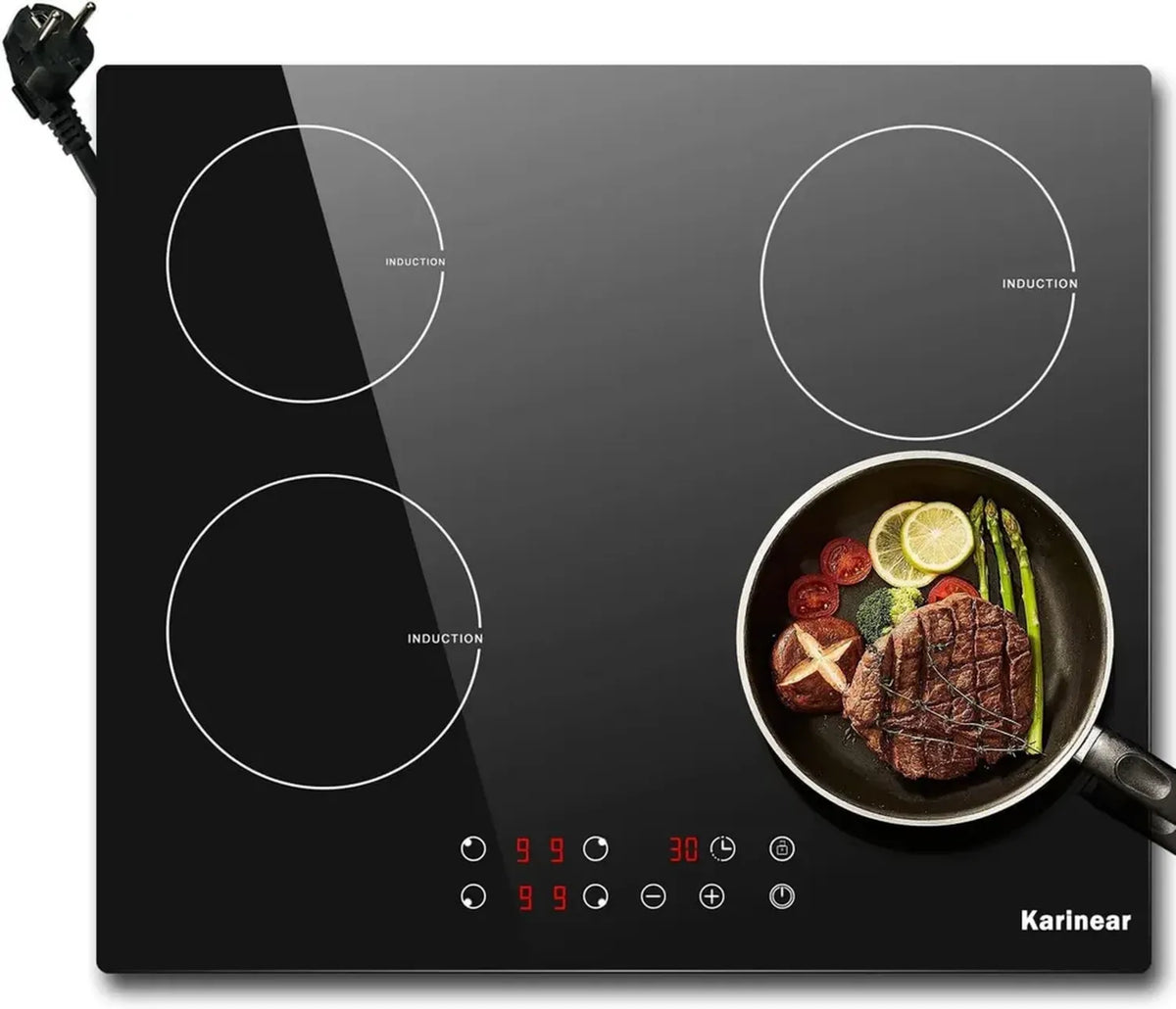 Piano Cottura a Induzione Karinear 4 Zone, 60cm, 3500W con Touch Control e Blocco Bambini, Timer, Nero