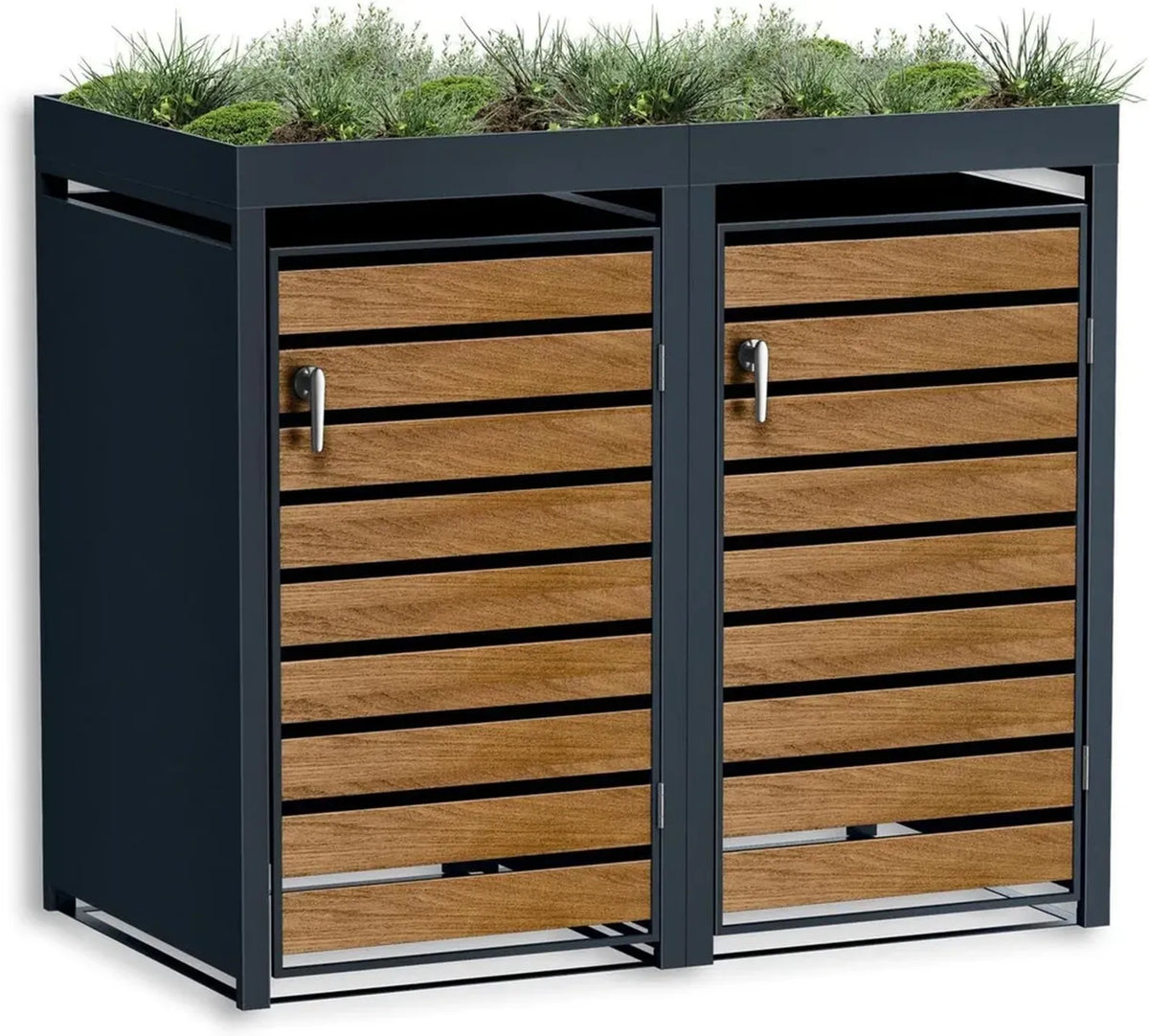 Contenitore Pattumiere Design Antracite e Effetto Legno con Tetto Verde 2x240L, Acciaio Verniciato, Chiusura Sicura