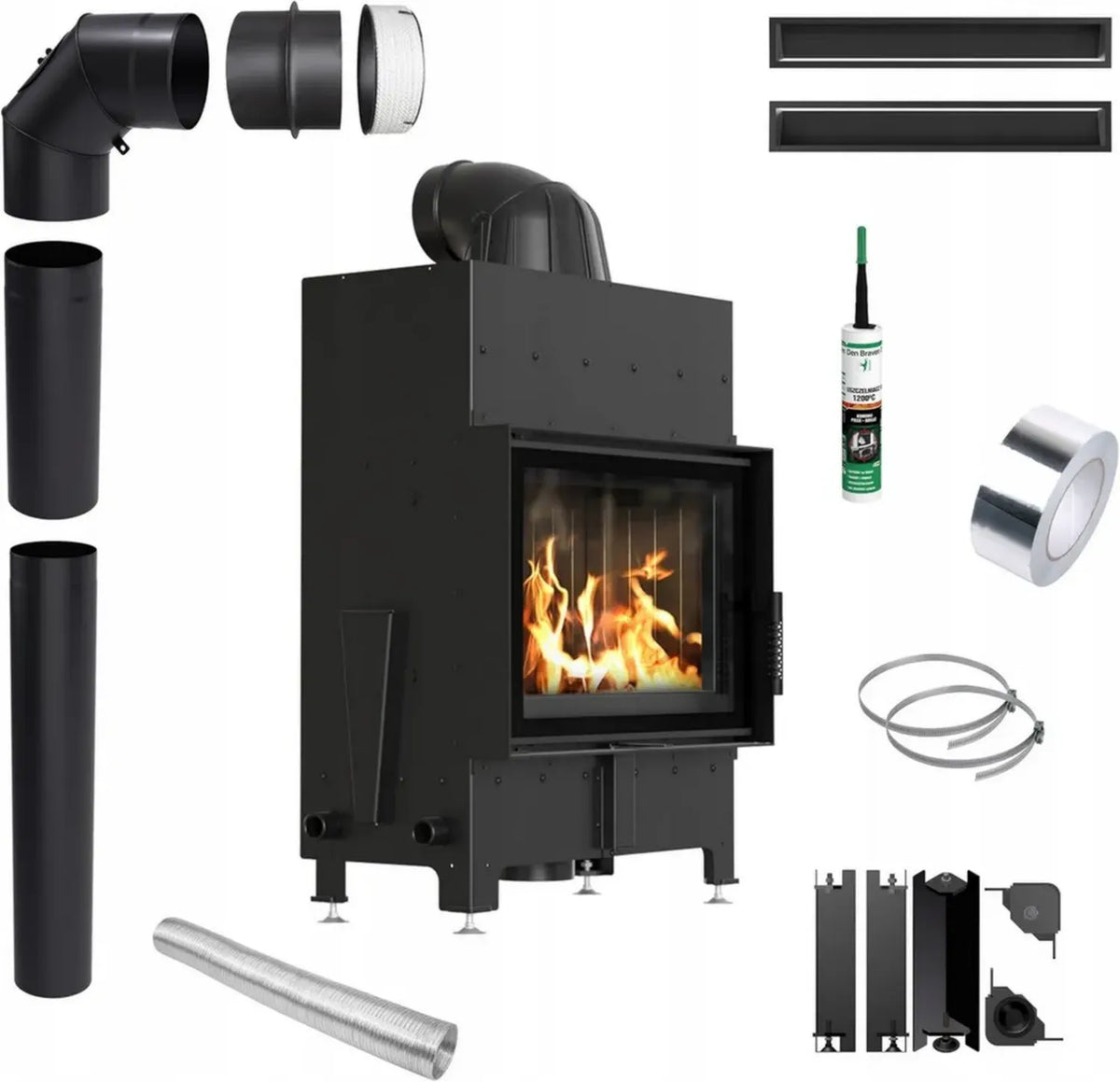 Inserto camino a legna nero Floki 8 kW, ∅160 BImSchV, efficienza 80%, gamma 3-11 kW, completo di accessori