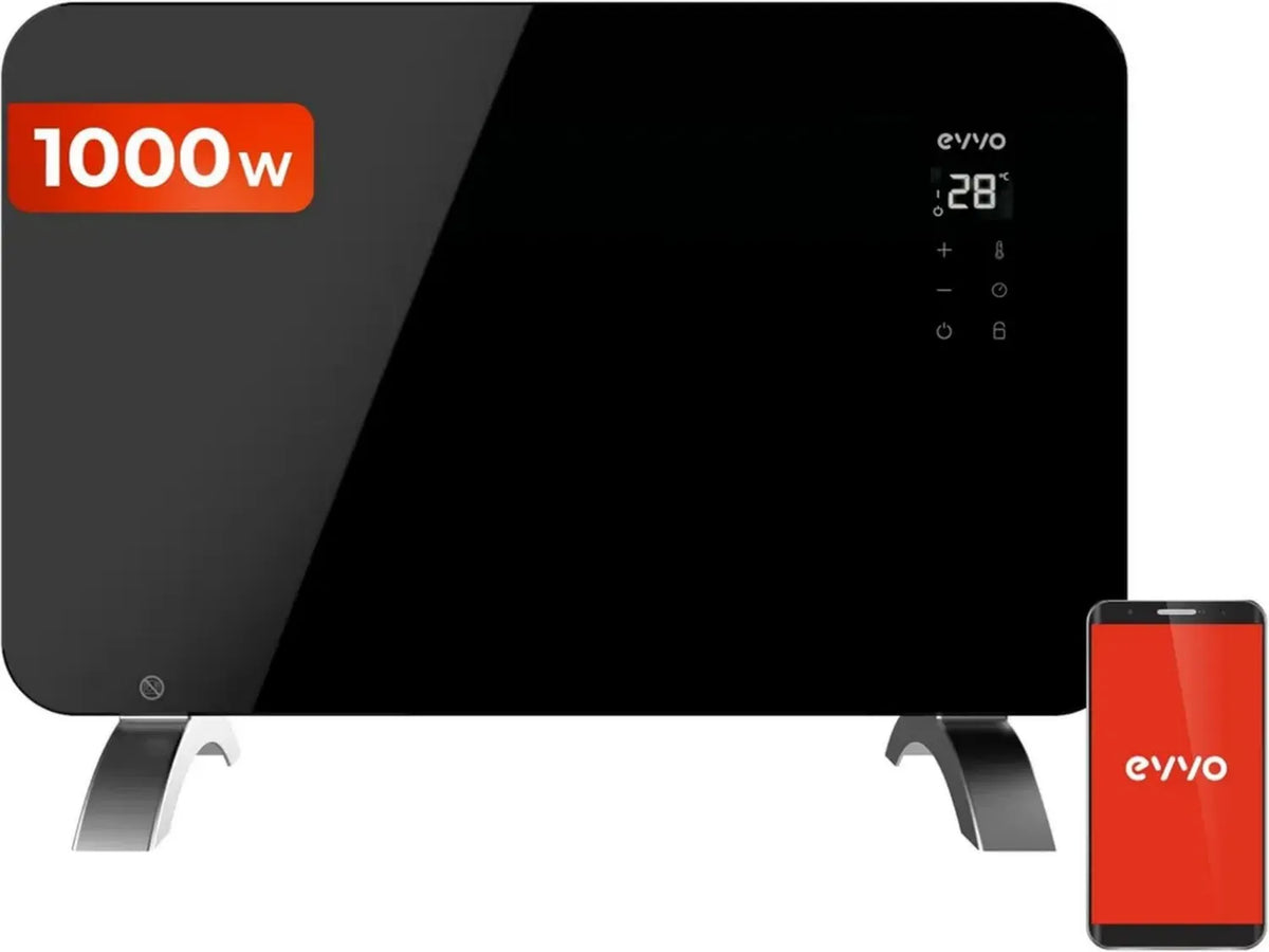 Termoconvettore WiFi EVVO in Vetro, 1000W, Schermo Touch, Telecomando e Timer, Nero