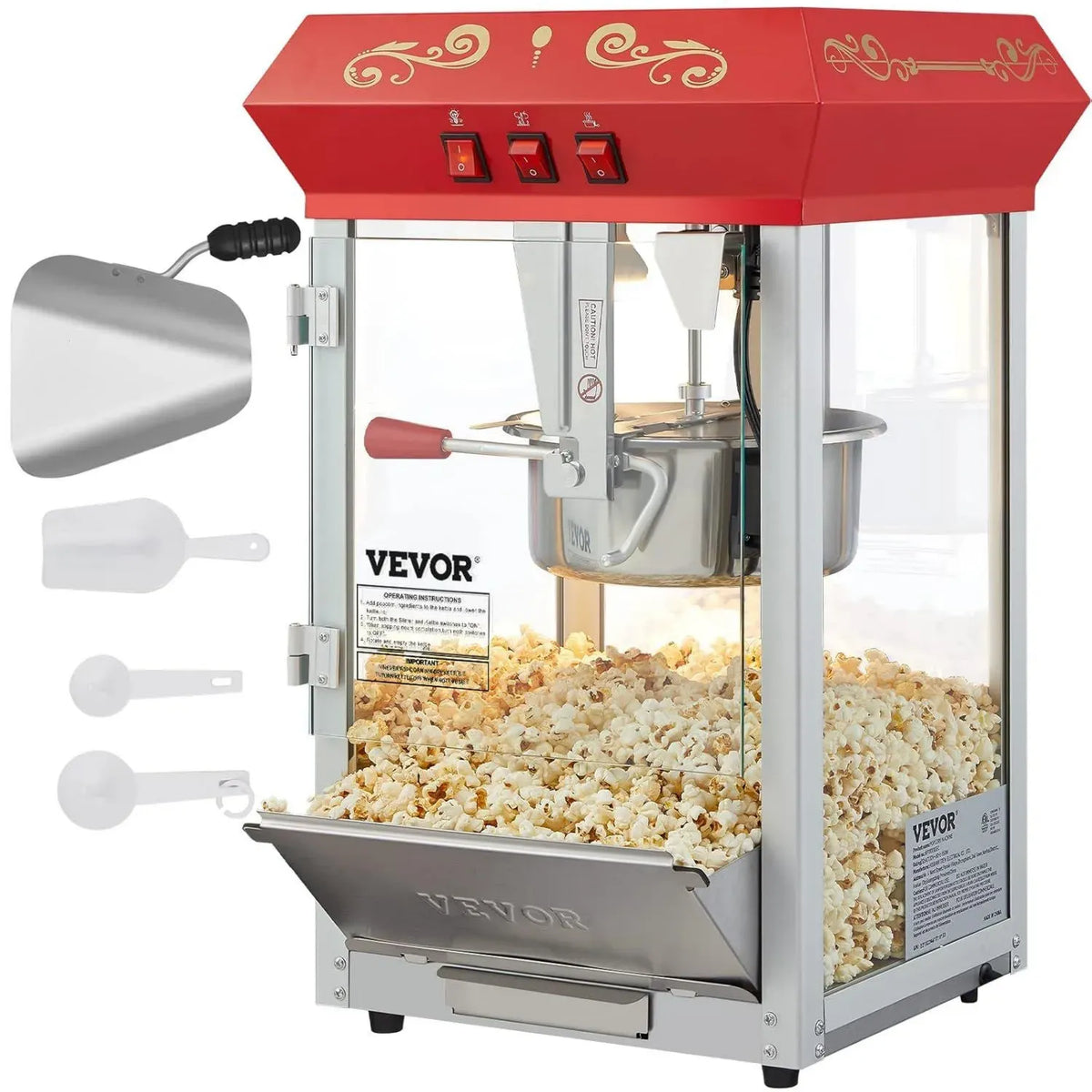 VEVOR Macchina per Popcorn Professionale 850W, 48 Tazze per Lotto, Design da Teatro, Acciaio e Vetro Temperato, Accessori Inclusi, Rosso