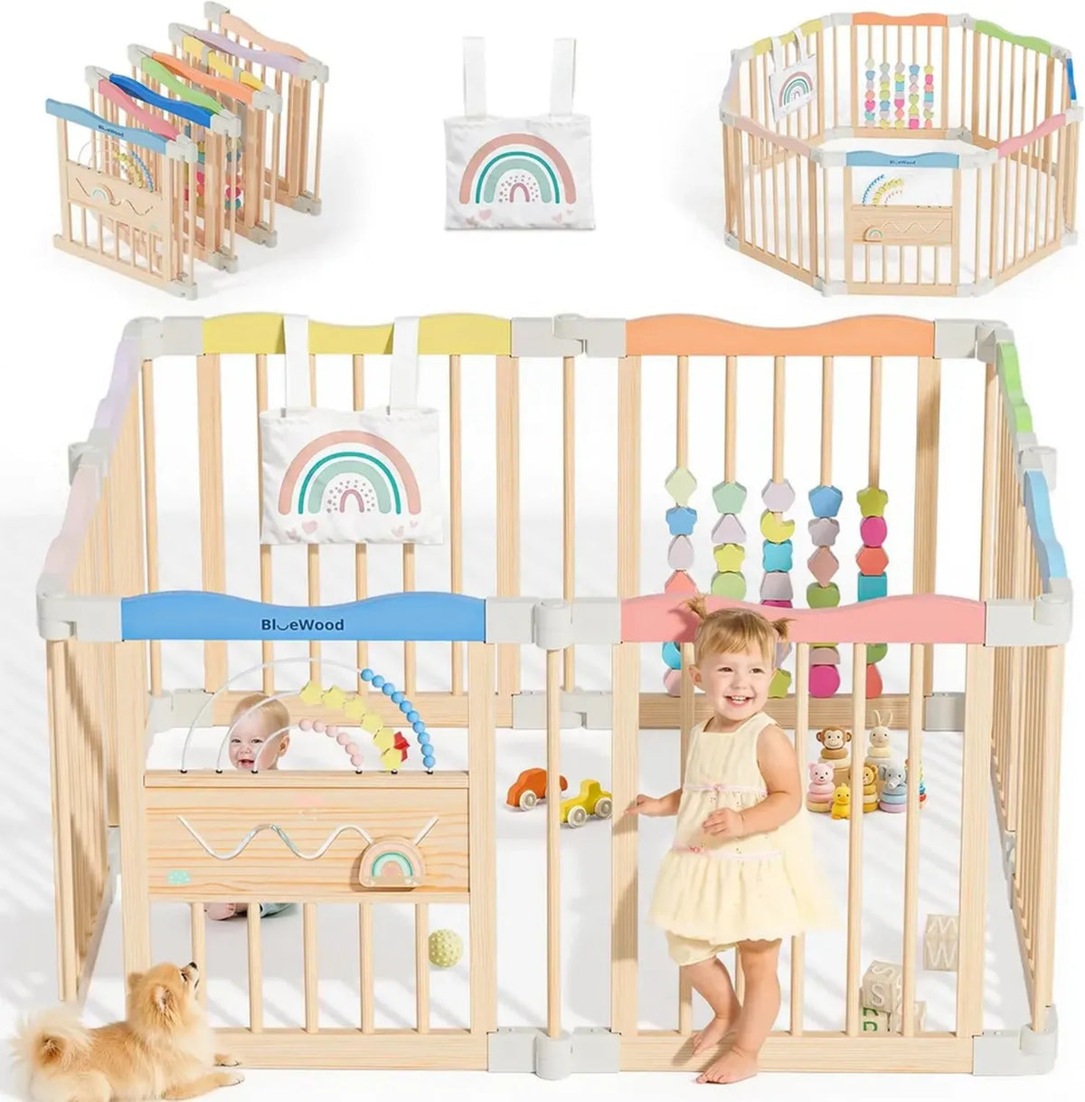 Recinto di Sicurezza Pieghevole in Legno per Bambini - Facile Montaggio, Uso Interno, 114x114x61 cm - Colore Vivace