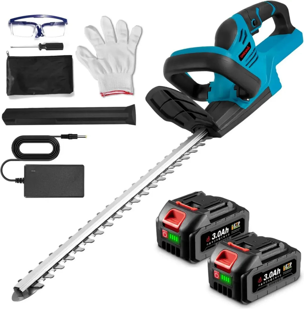 Tagliasiepi ONEVAN a Batteria 56 cm, 3.0 Ah, Denti 15 mm, Elettrico Senza Fili