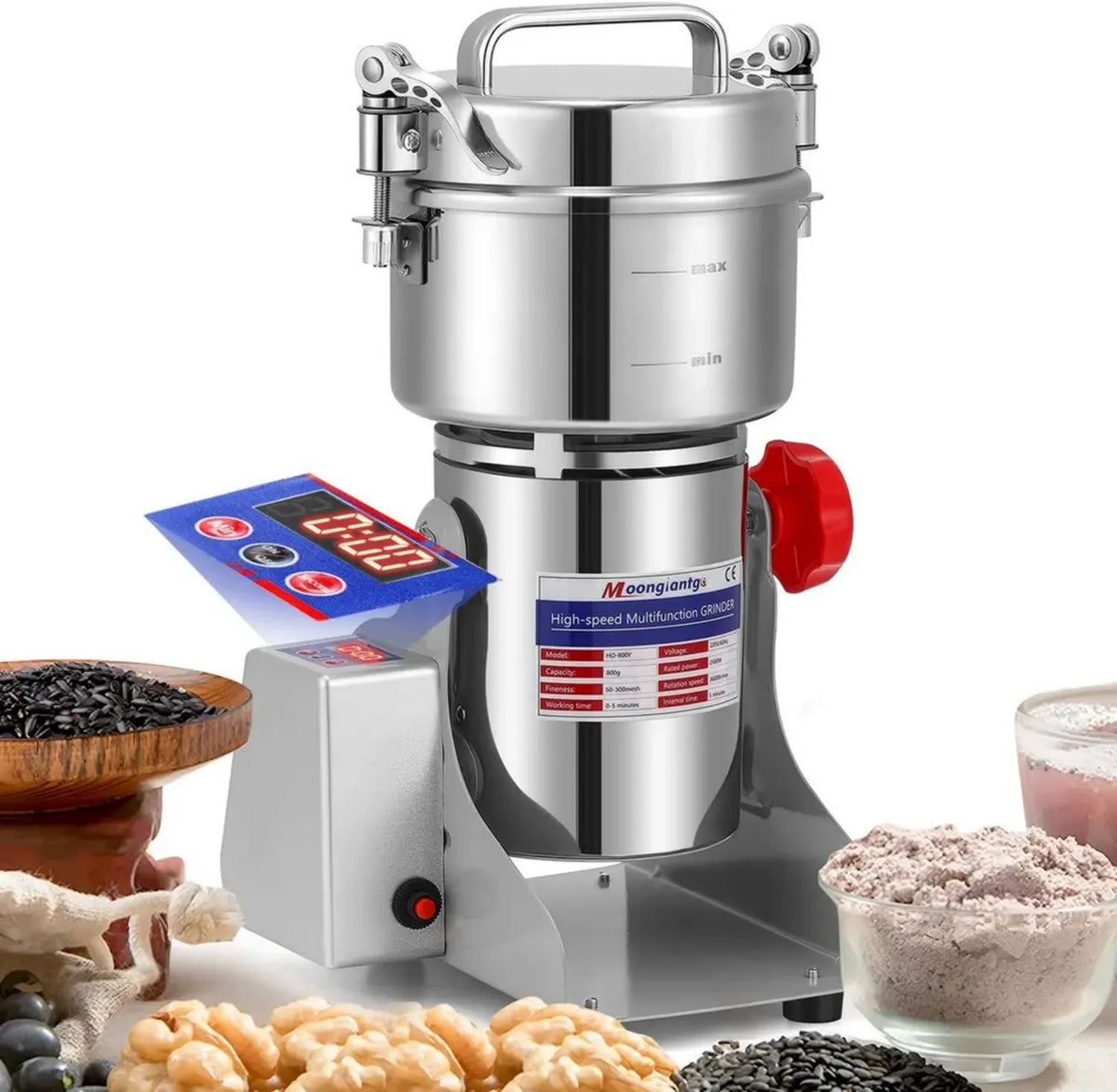 Mulino Elettrico 800g con Display LED, 2500W Acciaio Inossidabile per Cereali, Spezie e Noci