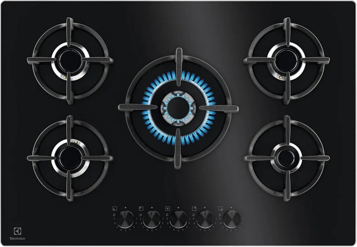 Piano Cottura a Gas Electrolux Serie 600, 75 cm, 5 Fuochi con Bruciatore Wok e Sicurezza Sicurgas, Nero