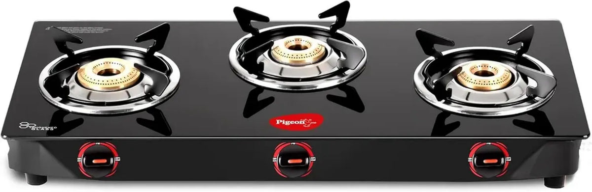 Fornello a Gas Pigeon Stovekraft Aster 3 Fuochi con Bruciatori in Ottone ad Alta Potenza, Piano in Vetro e Corpo Verniciato, Nero