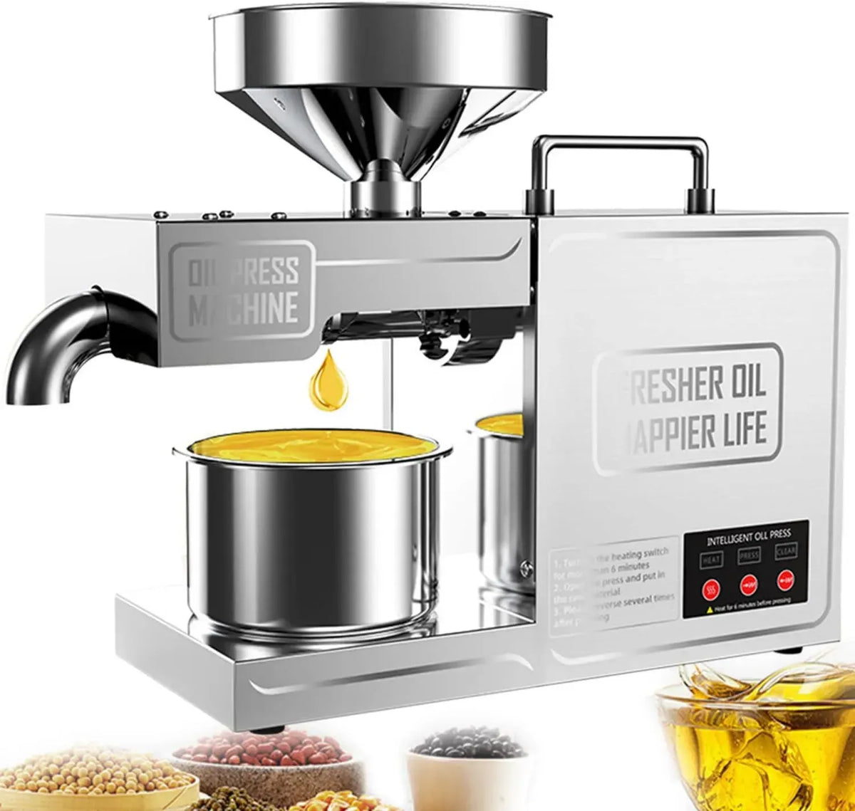 Macchina per Olio 820W CE Acciaio Inox, Spremitura Automatica Freddo/Caldo, Alta Efficienza 3-6Kg/H per Semi e Noci