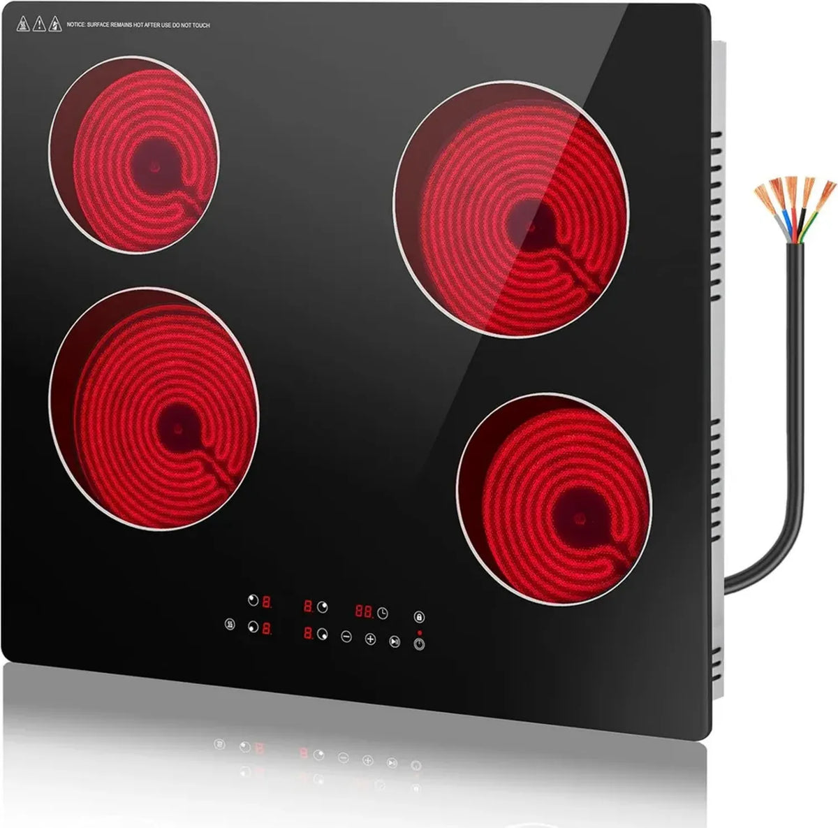 Piano Cottura in Vetroceramica 60 cm, 4 Zone, 6000W, 9 Livelli di Potenza, Timer Programmabile, Funzione Pausa, Riscaldamento Costante, Sicurezza Bambini