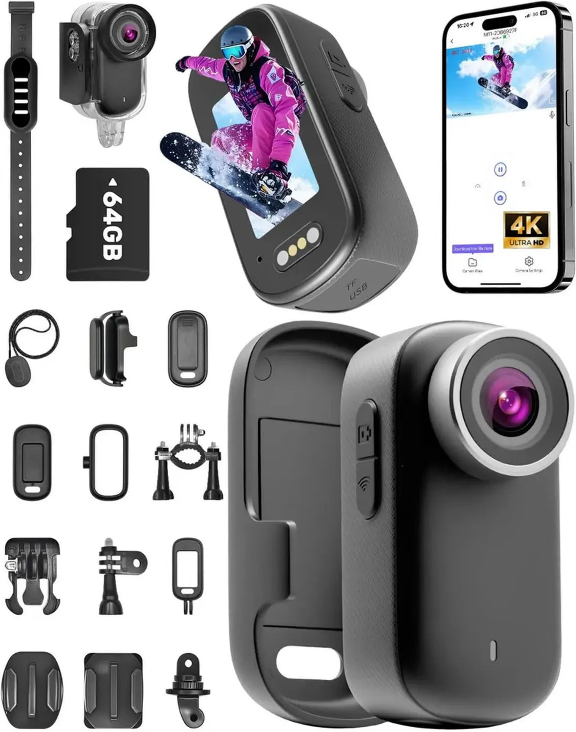 Videocamera Sportiva 4K con Scheda 64 GB, Impermeabile 30m, 180 Minuti di Autonomia, Grandangolare 150° e Schermo 1,47'