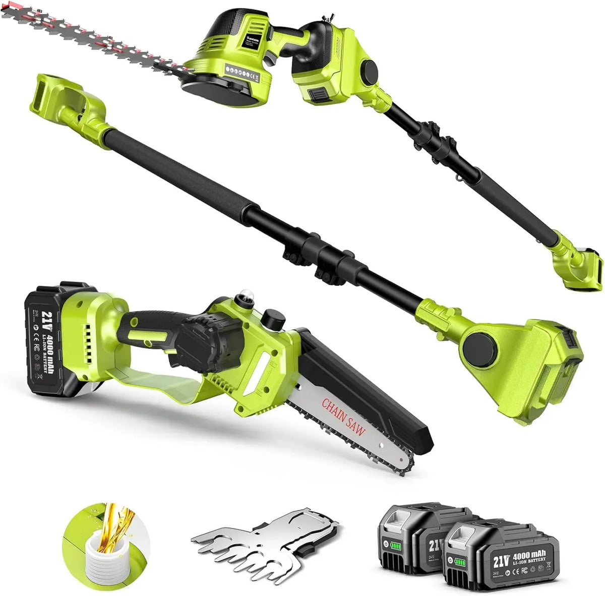 Kit di Giardinaggio 6 in 1 a Batteria: Motosega, Tagliasiepi e Potatore Telescopico con Batteria 8000mAh, Portata 4,57m