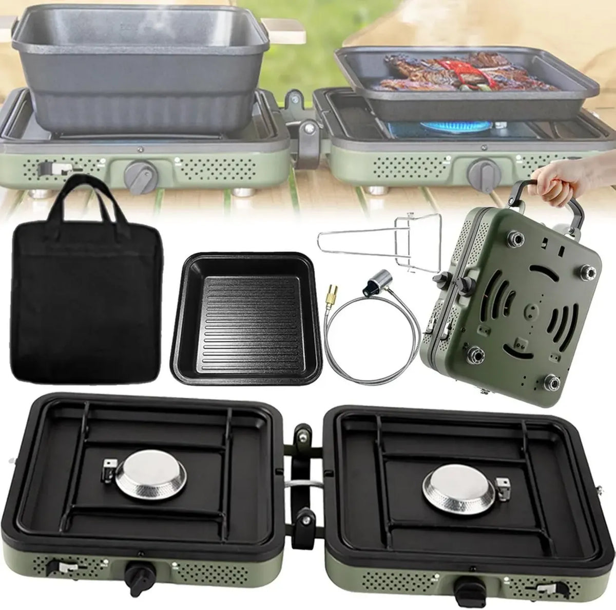Fornello a Gas Portatile 2 Fuochi 4400W con Grill e Maniglia, Senza Serbatoio