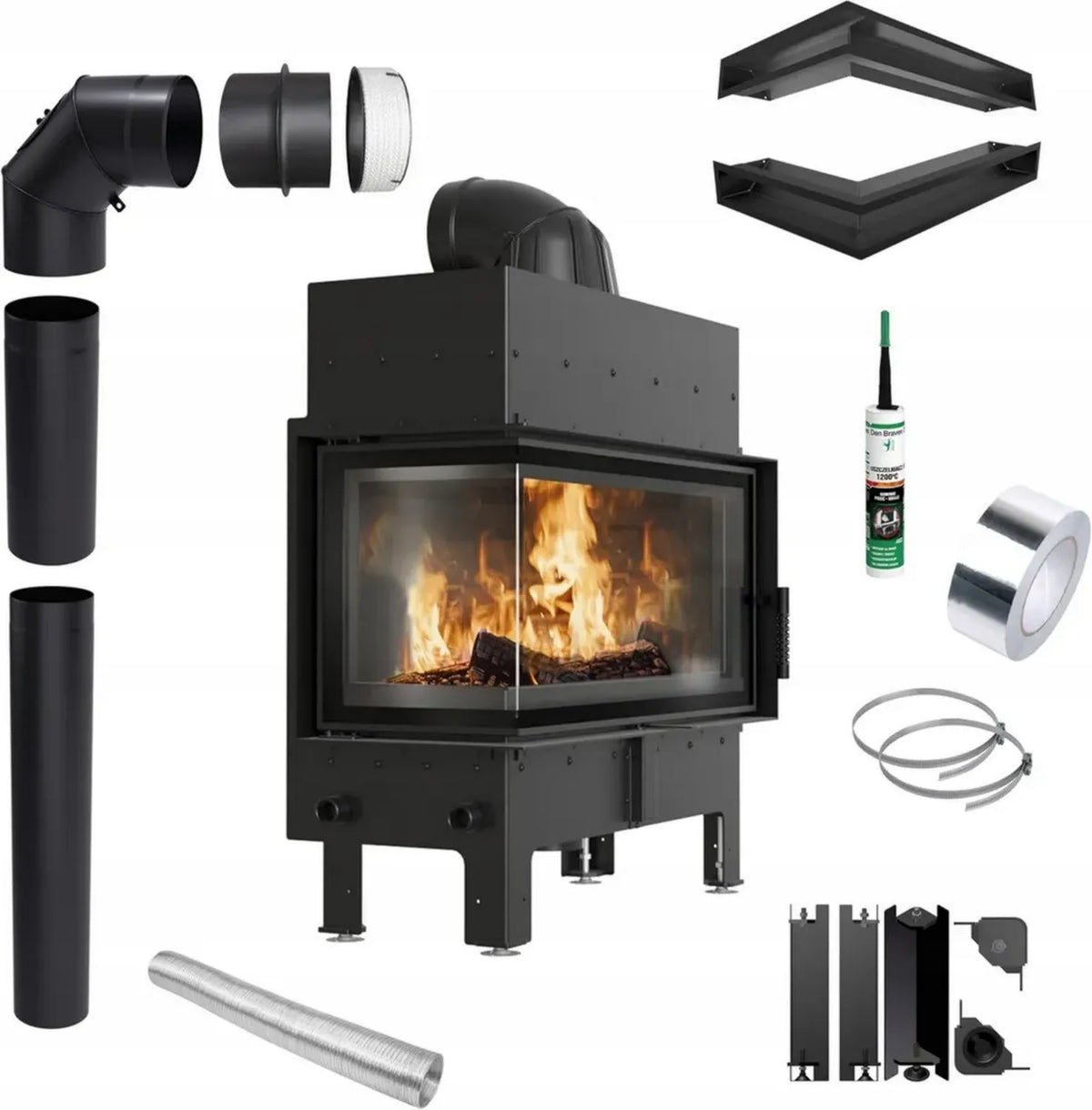 Inserto camino angolare in acciaio Floki 12 kW BImSchV 2, alta efficienza 83%, set completo con apertura sinistra
