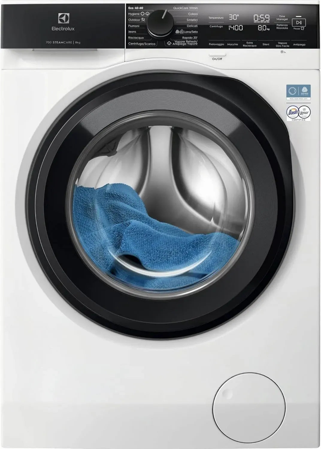 Lavatrice Electrolux 11kg SteamCare 700, Ciclo Rapido 59 min, Rinfresco Vapore 25 min, 1400 Giri, Classe A, Eco 40-60, Carica Frontale