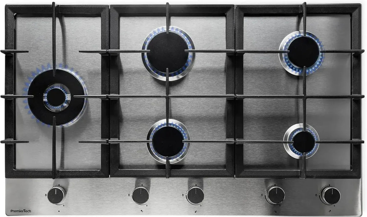 Piano Cottura a Gas 90 cm in Acciaio Inox, 5 Fuochi con Supporti in Ghisa, Manopole in Alluminio