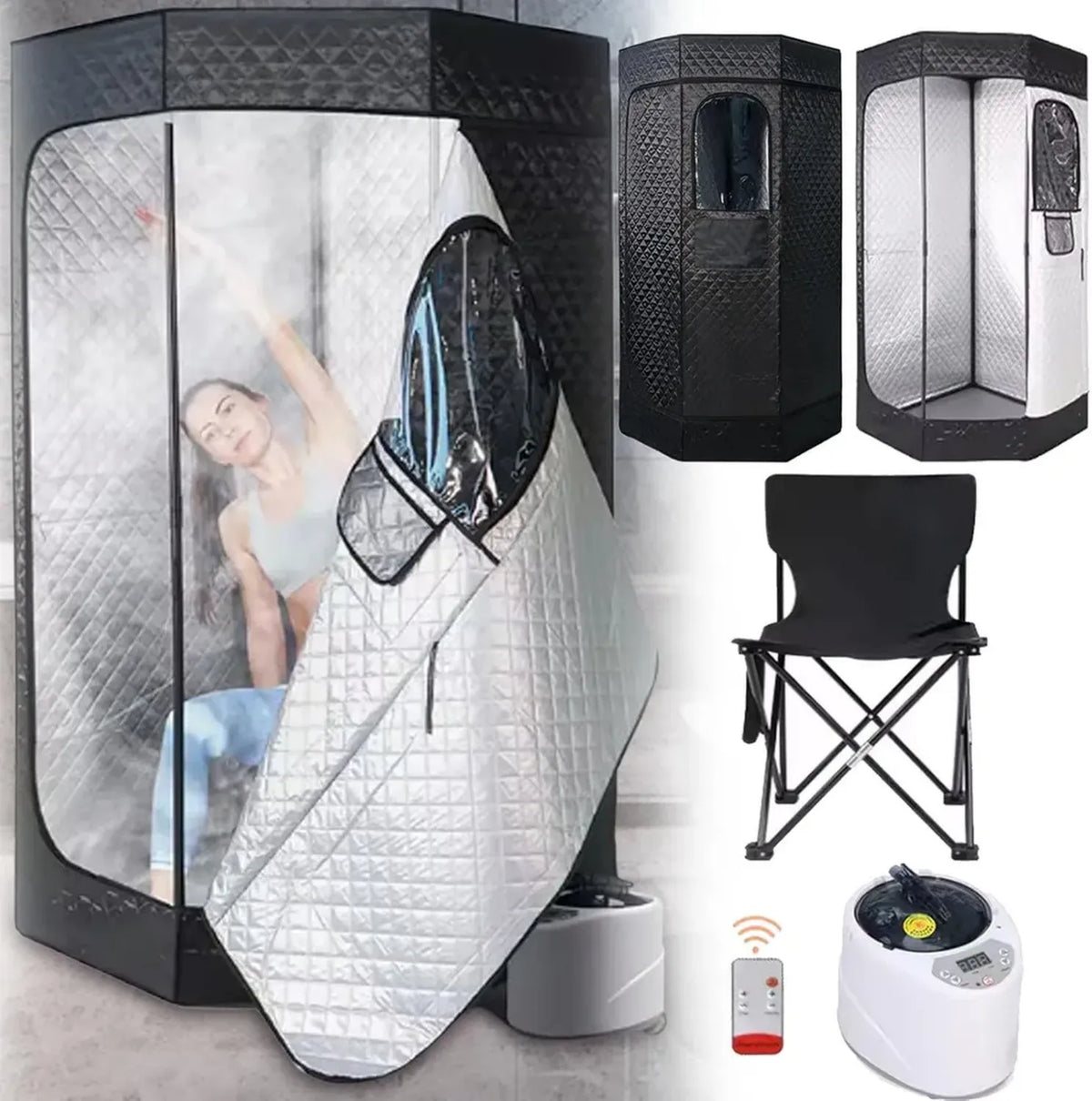 Tenda Sauna Portatile con Generatore di Vapore 1200W, Timer e 9 Livelli di Temperatura, Inclusa Sedia e Telecomando 180cm