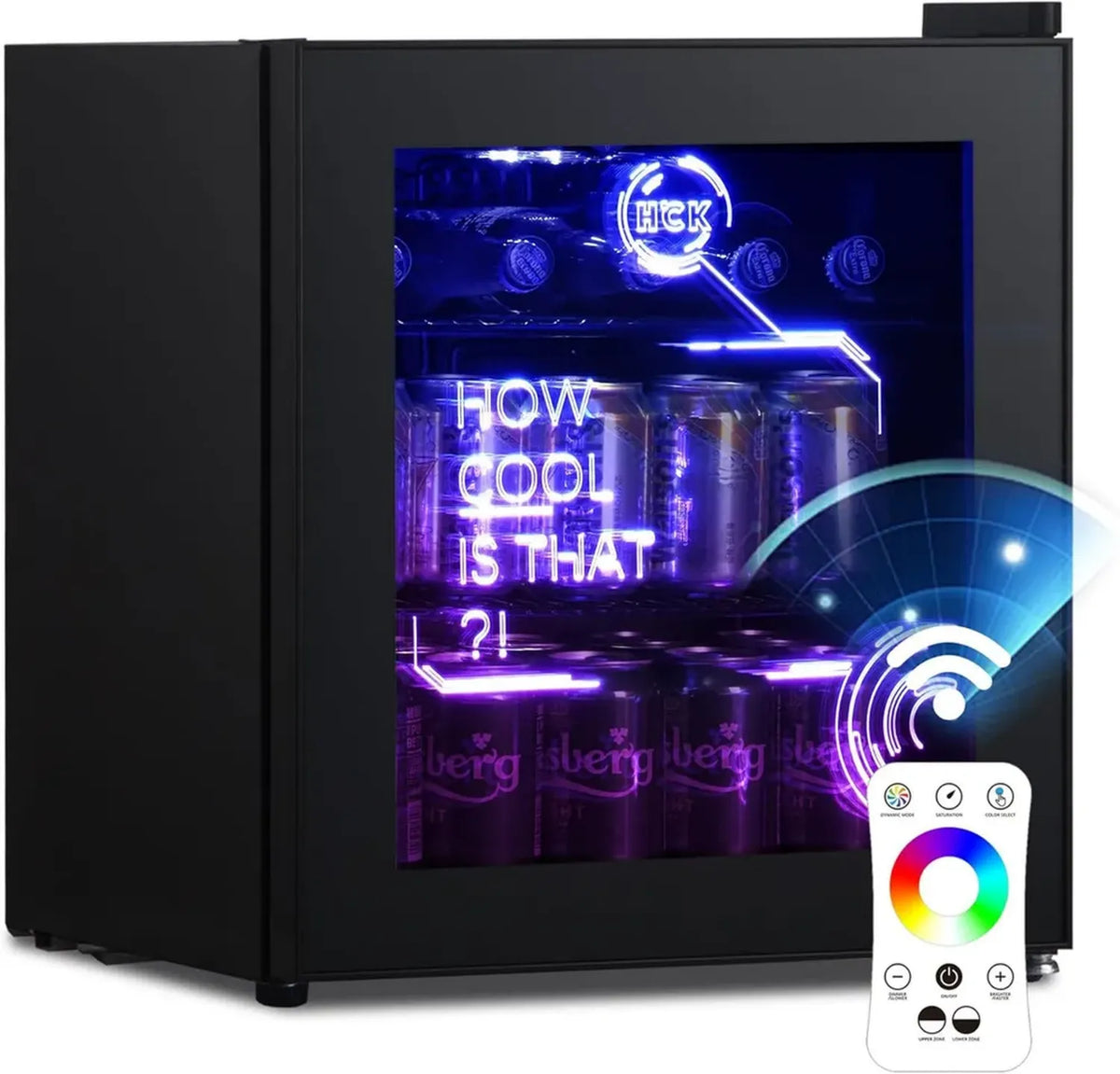 Frigo Bar HCK 48L, Mini Frigorifero Moderno con Porta in Vetro, Raffreddamento 0-15°C, Illuminazione Cyberpunk, Ideale per Sala Giochi e Feste, Colore Nero