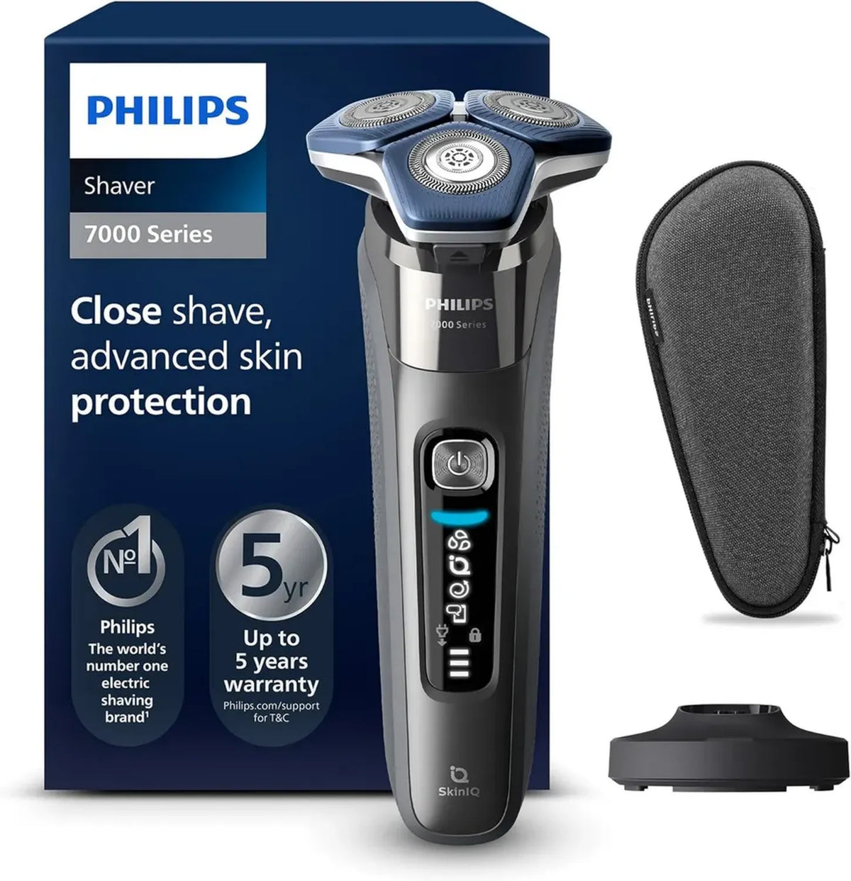 Rasoio Elettrico Philips Serie 7000 con SkinIQ - Uso Umido e Asciutto, Rifinitore Integrato, Base di Ricarica, Custodia e Spazzola per la Pulizia