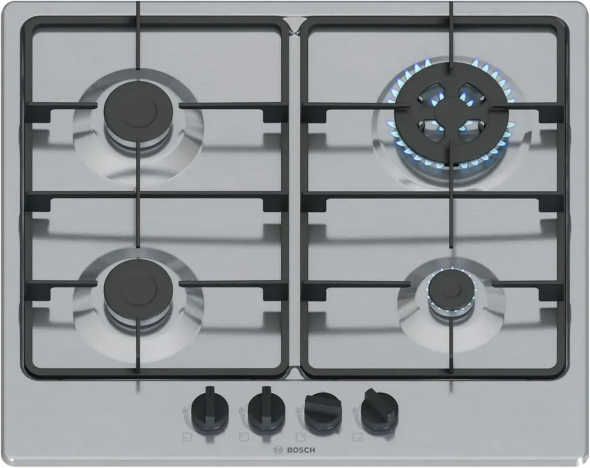 Bosch Serie 4 Piano Cottura Gas 60cm, 4 Fuochi con Bruciatore WOK e Griglie in Ghisa