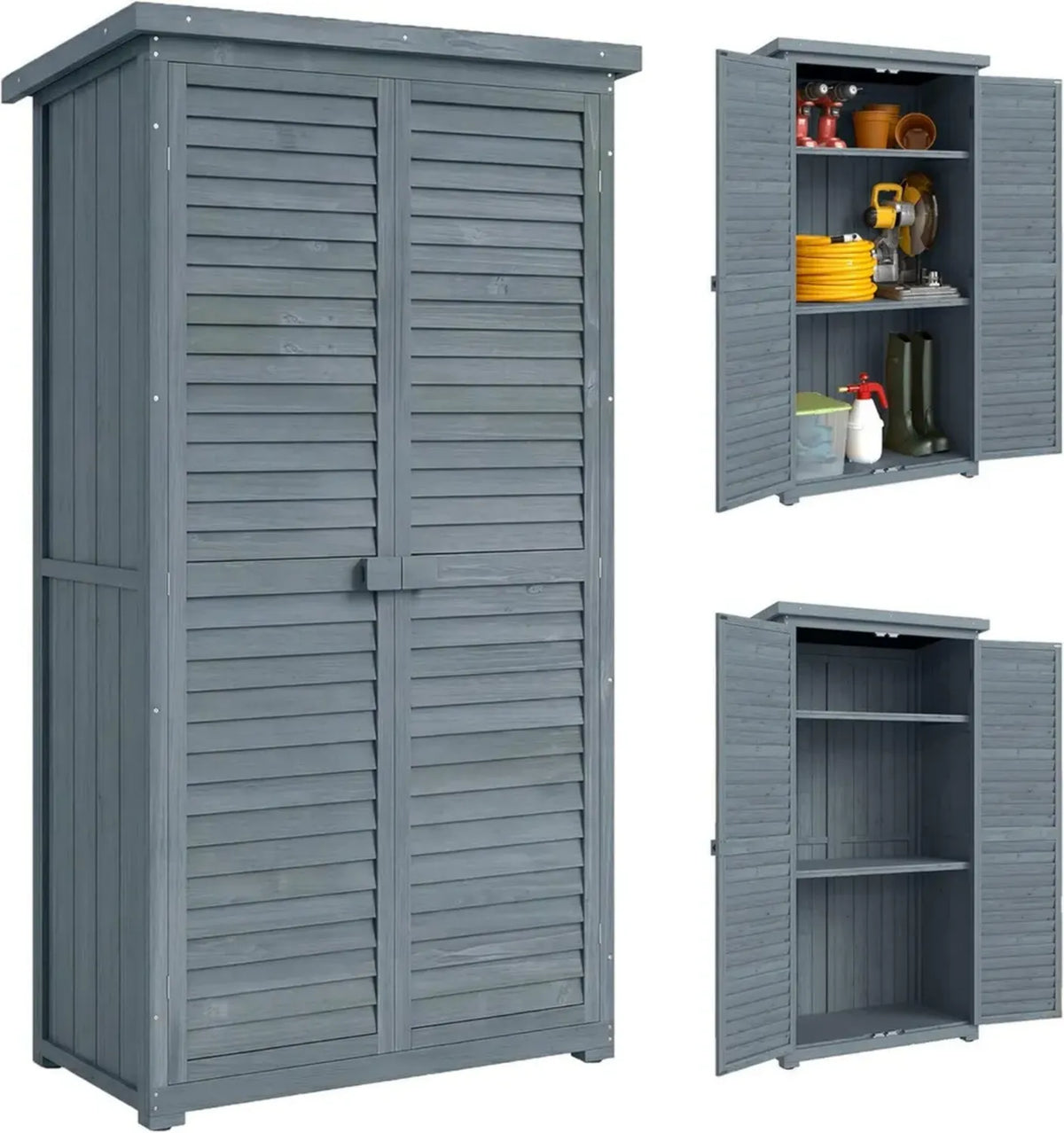 Capanno da Giardino in Legno di Abete con Porte a Persiana, Tetto Asfaltato e Ripiani, Armadio Porta Attrezzi Esterno Bloccabile, 87x46.5x160cm, Grigio