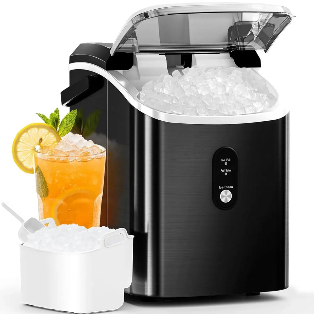 Fabbricatore di ghiaccio portatile in acciaio inox, funzione autopulente, capacità 16 kg/24h, con manico e accessori, nero