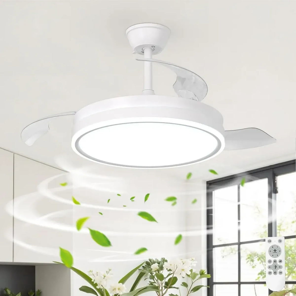 Ventilatore a Soffitto LED Invisibile con Telecomando, Silenzioso, Motore DC Reversibile, 6 Velocità, Dimmerabile per Camera da Letto e Soggiorno