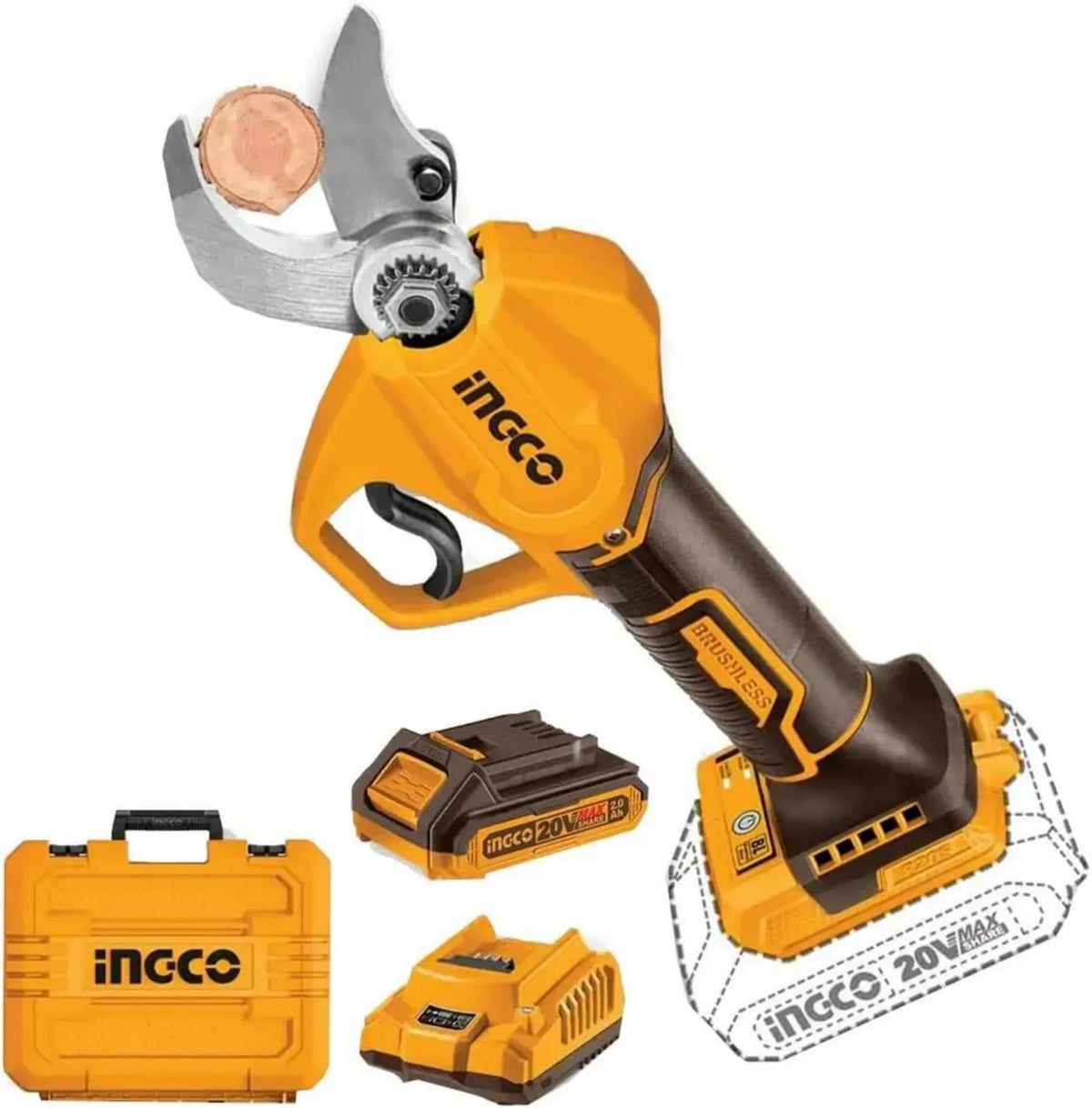 Forbice Potatura Elettrica Ingco 20V, Batteria 2Ah, Lama 30mm, Senza Spazzole
