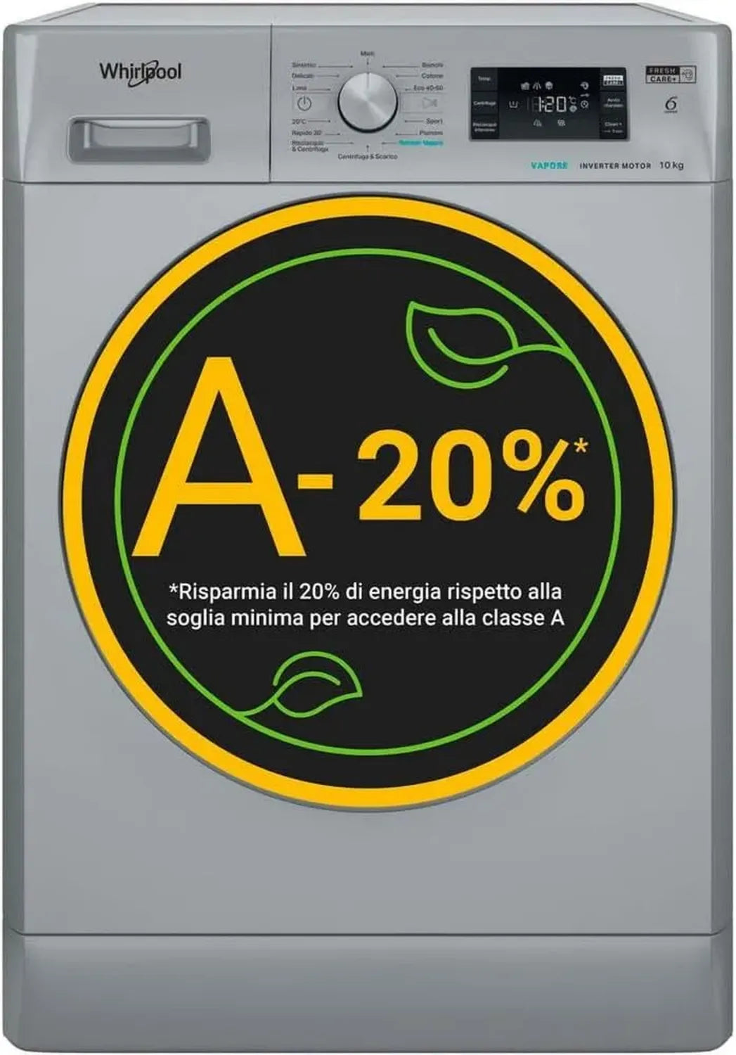 Lavatrice Whirlpool 10 kg FFB 108, Carica Frontale, 14 Programmi, Centrifuga 1400 Giri, Classe A, Argento