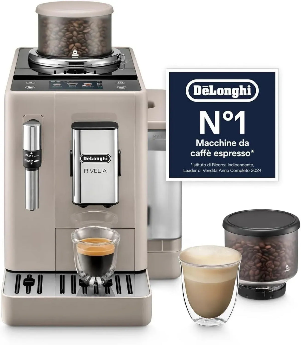 Macchina da Caffè Automatica De'Longhi Rivelia, 8 Bevande, Montalatte Classico, Display Touch, Contenitori Chicchi Intercambiabili, Beige
