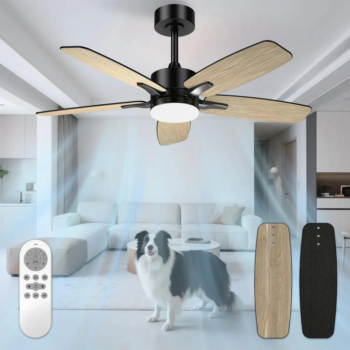 Ventilatore da Soffitto con Luce Dimmerabile e Telecomando, 106cm, Silenzioso, 5 Pale, Design Legno/Nero per Camera e Soggiorno