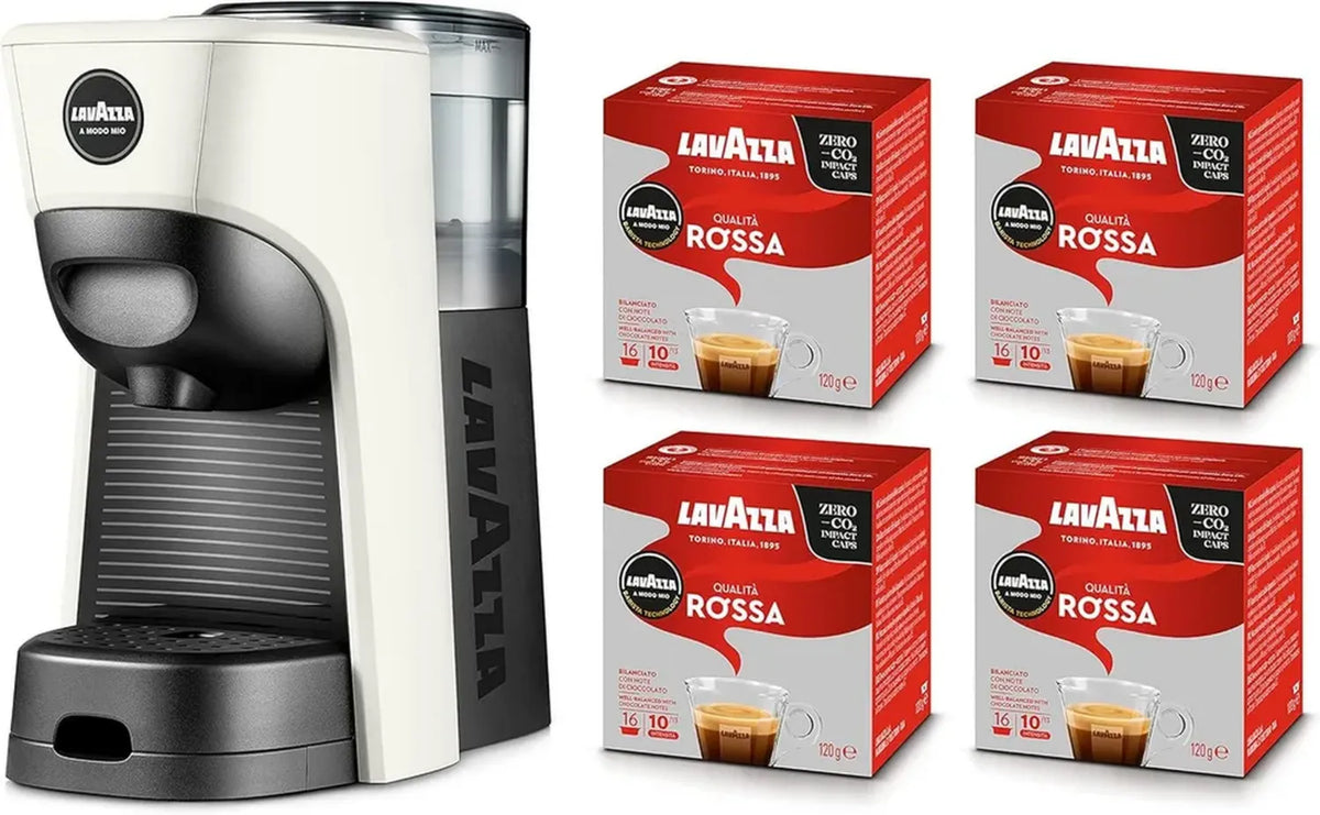 Macchina Caffè Lavazza Tiny Eco Bianca con 64 Capsule Qualità Rossa
