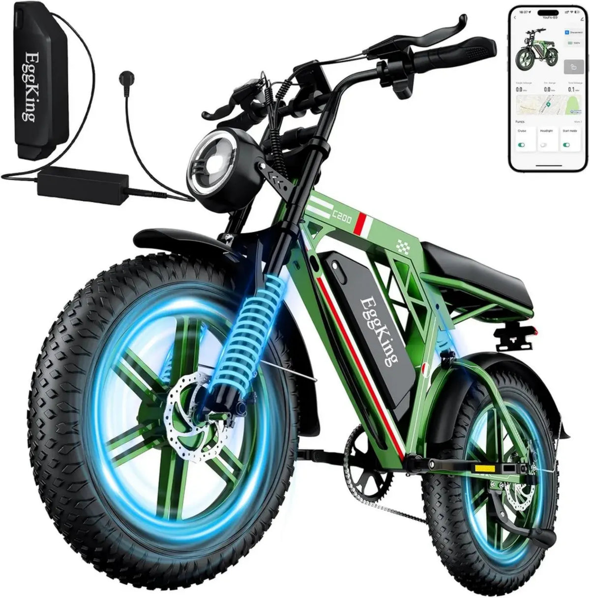 Bicicletta Elettrica EGGKING 20' Fat Tire con Doppia Sospensione, 7 Velocità, Batteria 48V 17.5Ah Removibile e Controllo App
