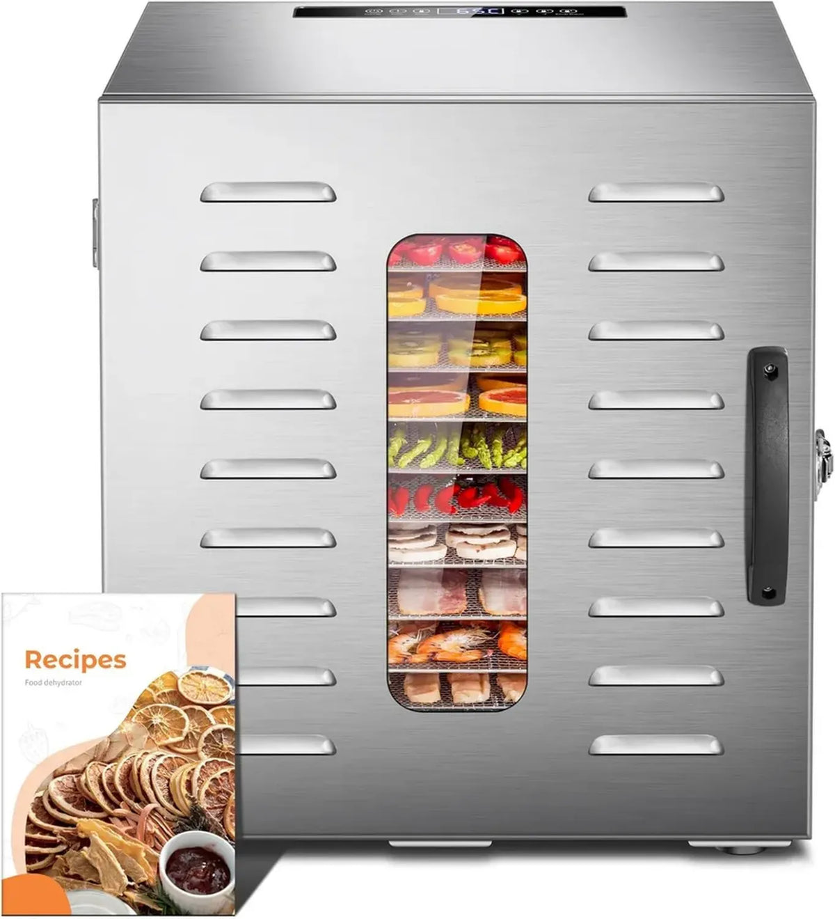 Essiccatore Alimentare Kwasyo in Acciaio Inox, Temperatura Regolabile 30-90°C, Display LED, 10 Vassoi, Senza BPA