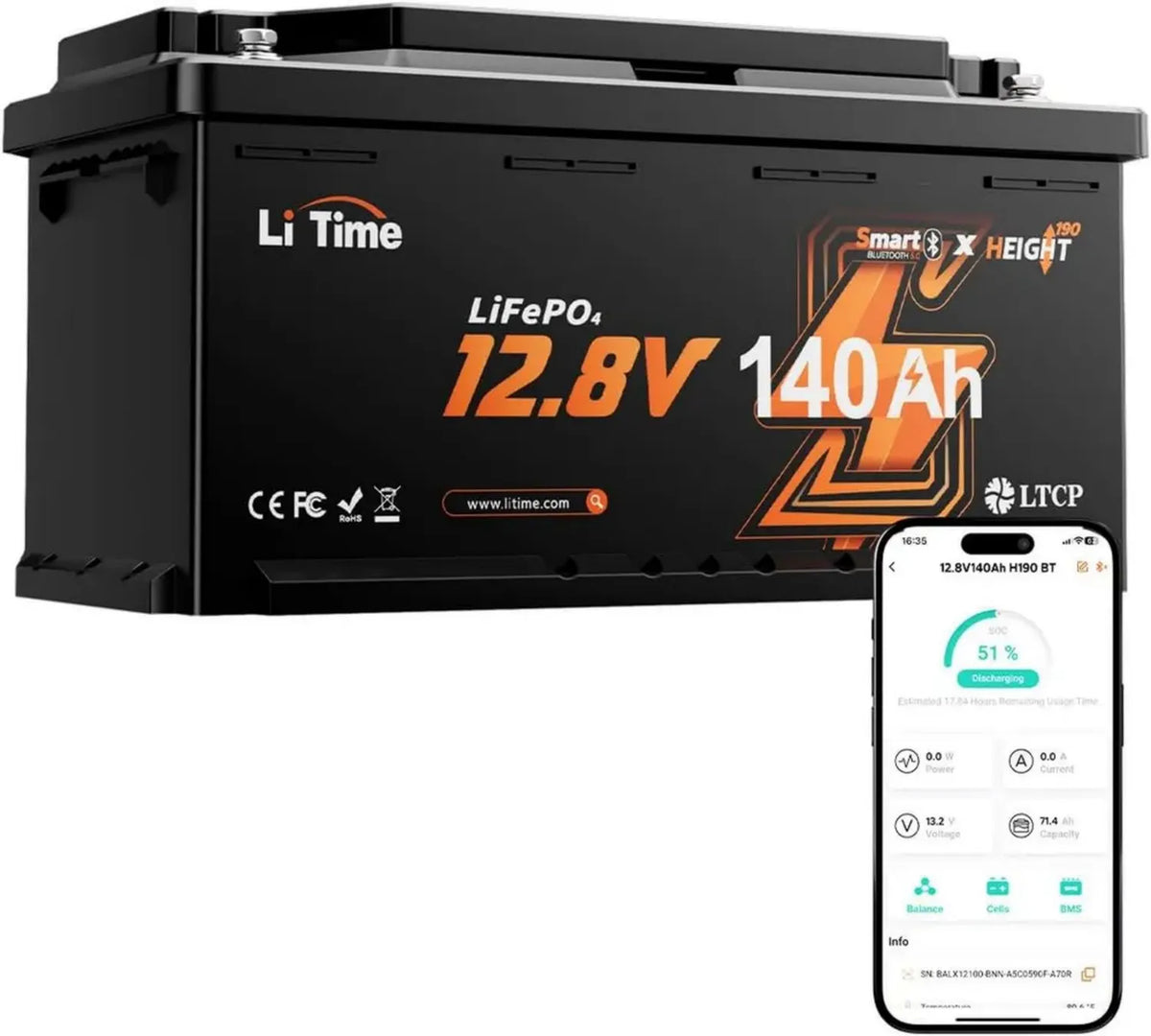 Batteria LiFePO4 12V 140Ah con Bluetooth e Protezione Termica, 150A BMS, Fino a 15000 Cicli e 10 Anni di Vita