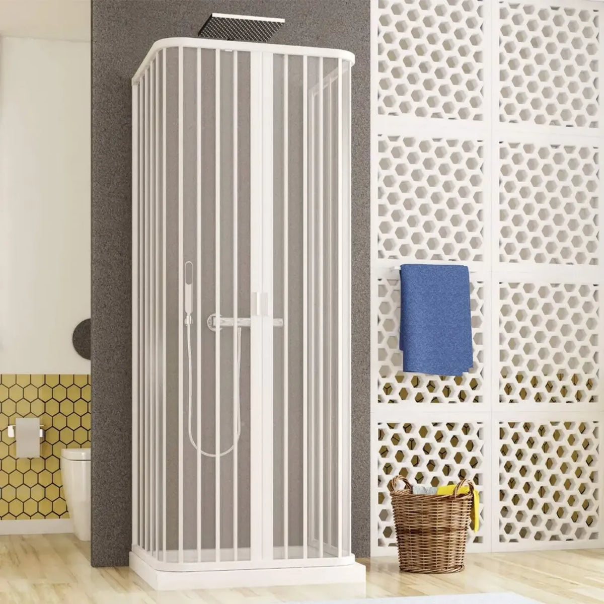 Cabina Doccia Pieghevole Terry in PVC Bianco con Apertura a Soffietto, Design Salvaspazio, 3 Lati Reversibili - 80x100x80 cm, Made in Italy