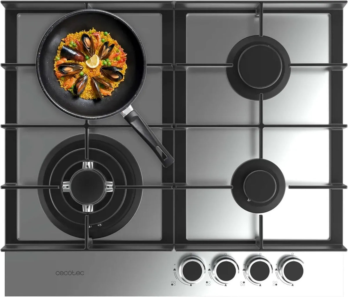 Cecotec Piano Cottura a Gas 4 Fuochi Inox 8kW con Bruciatore WOK, Griglie in Ghisa e Accensione Elettronica