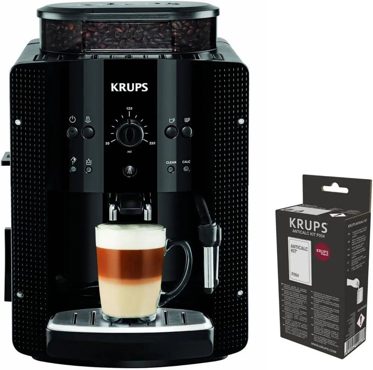 Macchina da caffè Superautomatica Krups Essential Nera con Kit Decalcificazione e Schiumatore Latte