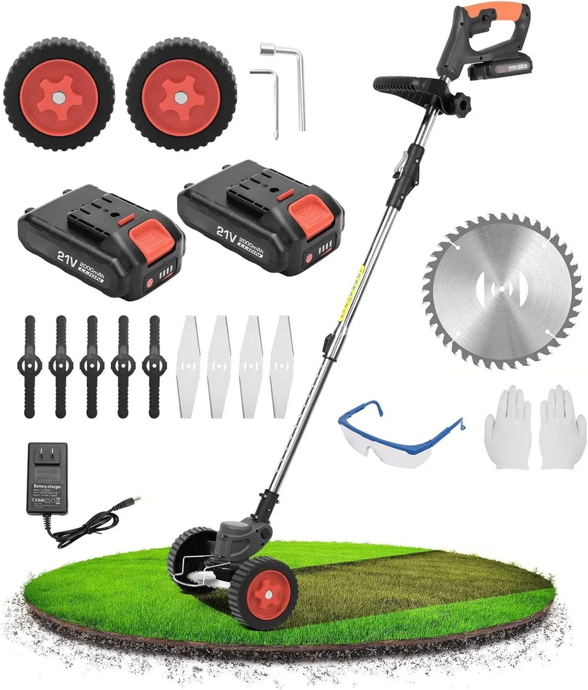 Tagliabordi a Batteria 21V con Altezza Regolabile, Strumento da Giardino con 2 Batterie da 2000 mAh e 3 Lame