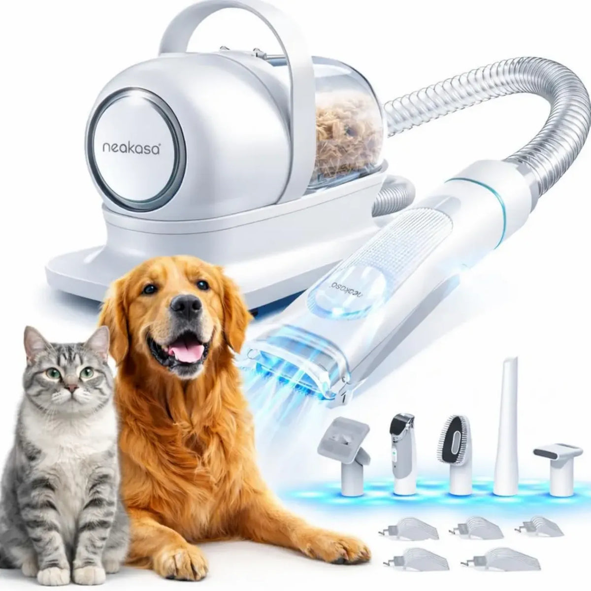 Set toelettatura professionale Neakasa P1 PRO per animali con aspirazione integrata, tagliacapelli per cani e gatti a pelo lungo (Bianco)