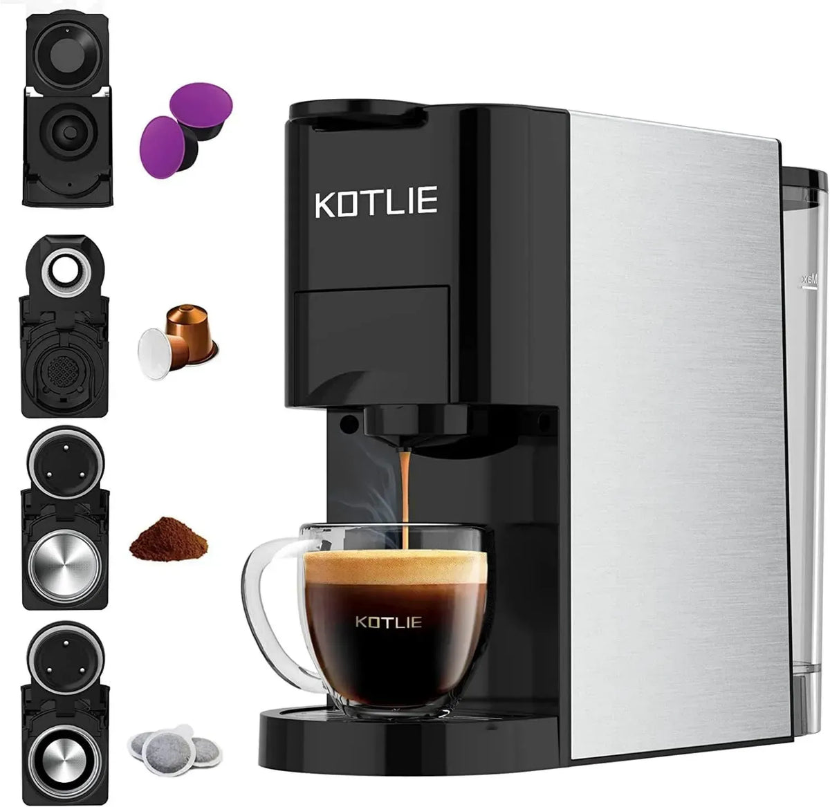 Macchina da Caffè KOTLIE 4 in 1 Compatibile con Capsule e Caffè Macinato, 19 Bar, 800 ml