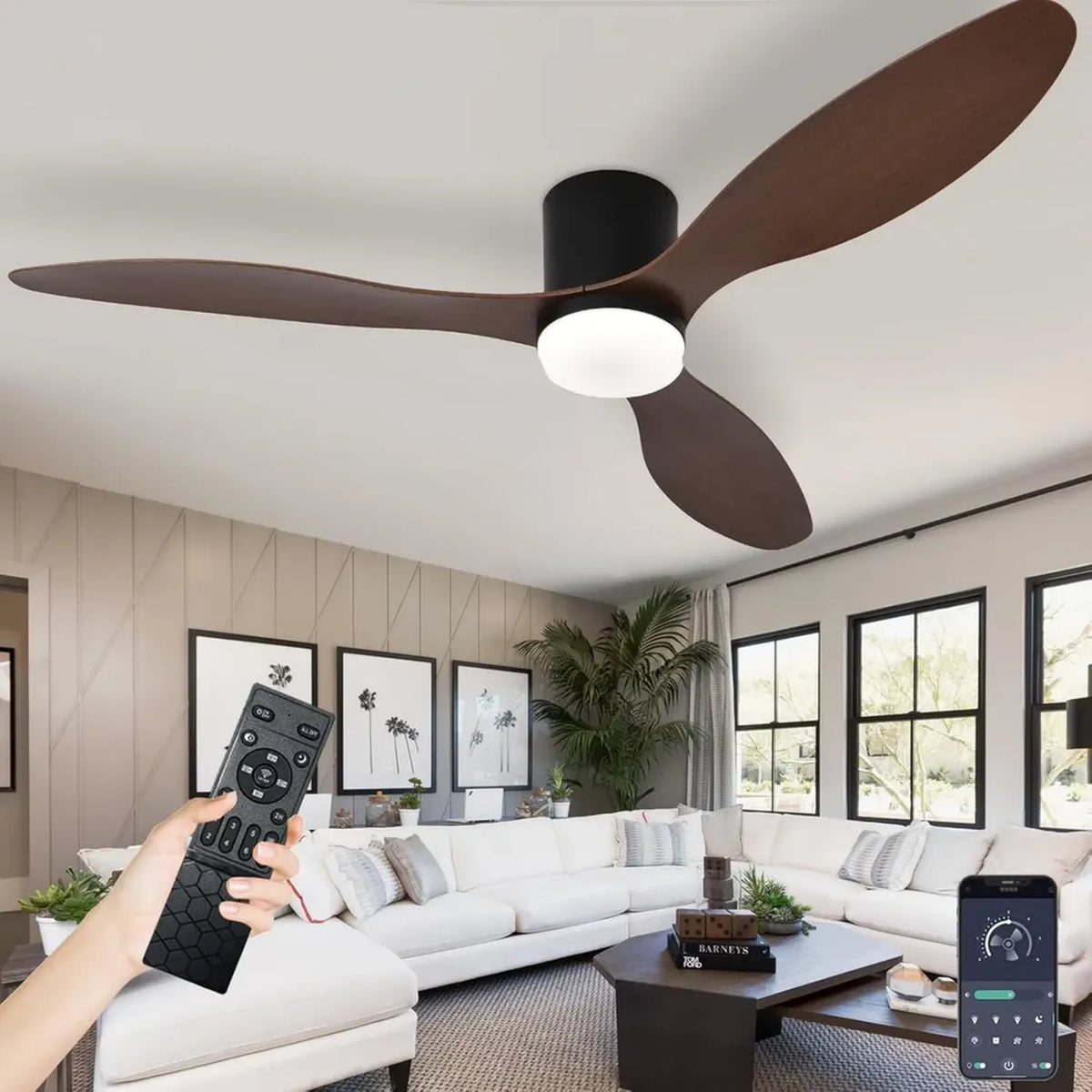 Lampadario Ventilatore a Soffitto con Luce LED Dimmerabile e Telecomando, Motore Silenzioso DC Reversibile, 6 Velocità, Timer, Design Memoria Nero con Effetto Legno 42 pollici