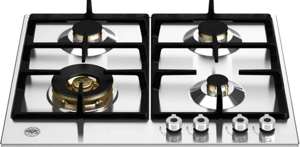 Bertazzoni Piano Cottura a Gas 4 Fuochi in Ottone con Wok e Griglie in Ghisa, Acciaio Inox, 60x52 cm